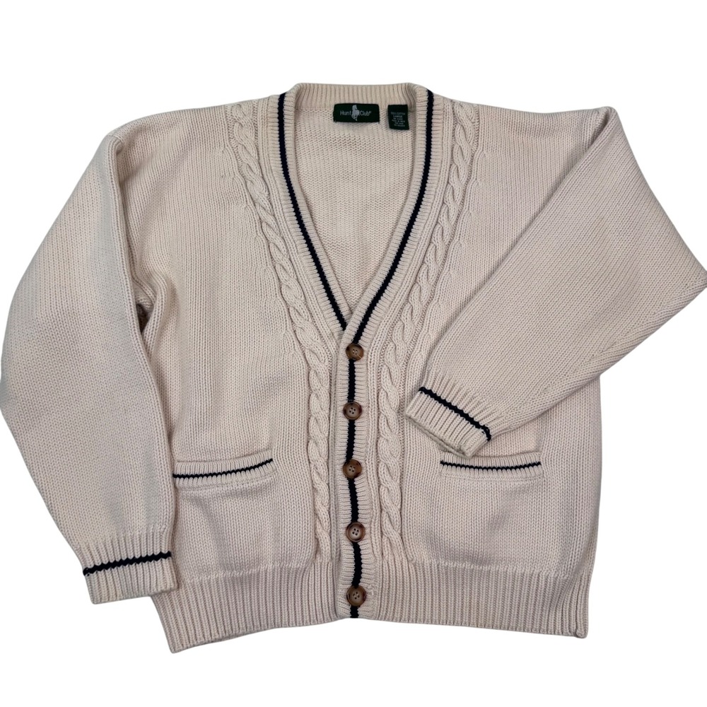90s Hunt Club Cardigan Men L Cream Chunky Cable Knit Preppy Old Money Fisherman